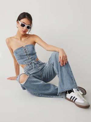 Women’s Ripped Jeans High Waisted Distressed Baggy Straight Wide Leg Pants