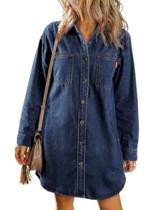 Women's Collared Denim Dress Casual Long Sleeve Button Down Jean Shirt Dresses with Pockets