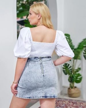 Women's Tulip Hem Shirred Washed Casual Bodycon Short Jean Denim Skirt