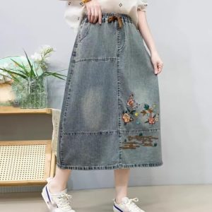 Denim Skirt for Women in Spring Summer Retro Ethnic Style Embroidered Waist Loose Slim Casual Midlength