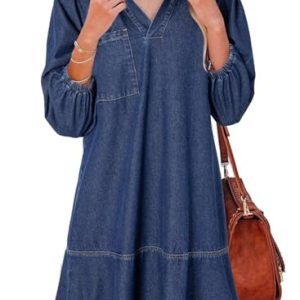 Denim Dress for Women Fashion Fall Casual Babydoll 2025 V Neck 3/4 Puff Sleeve Jean Dresses