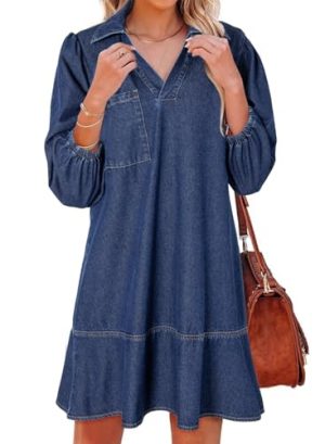 Denim Dress for Women Fashion Fall Casual Babydoll 2025 V Neck 3/4 Puff Sleeve Jean Dresses