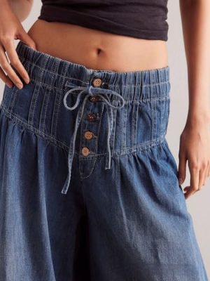 Women's Baggy Wide Leg Denim Pants Drawstring Midi Waisted Flare Jeans Ruffle Pleated Button Jeans