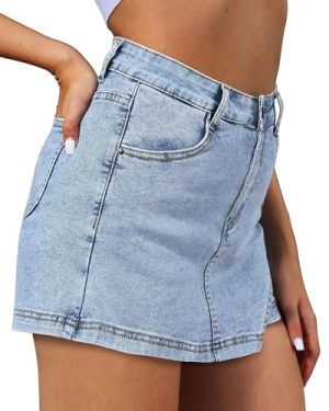 Denim Skorts for Women Skirt Stretchy High Waisted Womens Skirts Asymmetrical Hem Casual Mini Jean Skirt with Shorts
