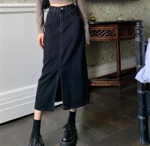 Retro Front Slit Denim Skirts Female Summer 2025 Casual Washed High Waist Long Skirt Women All-Match Design Street Midi Skirt