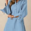 Womens Denim Shirt Dress Collared V Neck Bell Long Sleeve Mini Casual A-line Jean Dresses with Bow