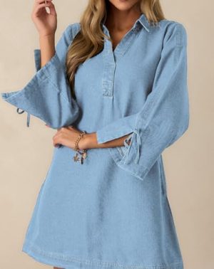 Womens Denim Shirt Dress Collared V Neck Bell Long Sleeve Mini Casual A-line Jean Dresses with Bow