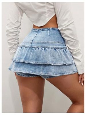 Women's Tiered Layer Ruffle Denim Skorts Y2k Button Front Mini Skirt Shorts