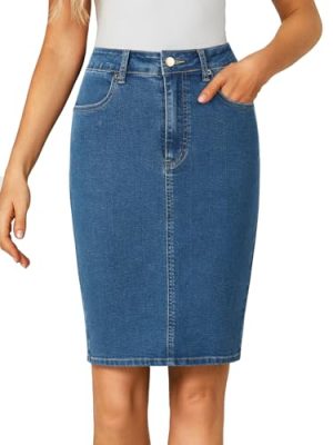 Women's Casual Stretch High Waist Back Slit Denim Jean Knee Length Skirt
