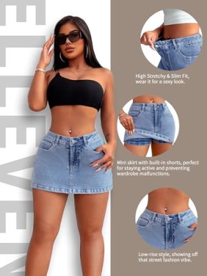 High Stretchy Mini Skort Skirt for Women,Low Waist Denim Skort Shorts with Pockets
