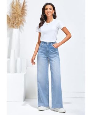 Wide Leg Jeans for Women High Waisted Stretchy Denim Jeans Fashion Baggy Trouser Jean Pants with Pockets