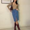 Jean Skirts for Women Denim Trendy Summer Casual Stretchy High Waisted Midi Below Knee Pencil Skirt with Slit