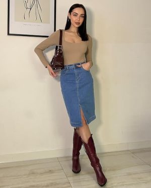 Jean Skirts for Women Denim Trendy Summer Casual Stretchy High Waisted Midi Below Knee Pencil Skirt with Slit