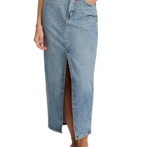 Women's High Waisted Medium Wash Front Slit Maxi Denim Skirt