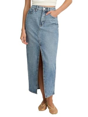 Women's High Waisted Medium Wash Front Slit Maxi Denim Skirt