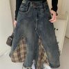 Women's Plaid Denim Skirt, Asymmetric Patchwork High Waist Skirt