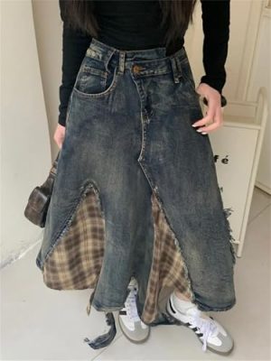 Women's Plaid Denim Skirt, Asymmetric Patchwork High Waist Skirt