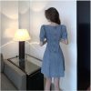Summer Womens Blue Comfortable Denim Dress Puff Sleeve Short Casual Jean Dress