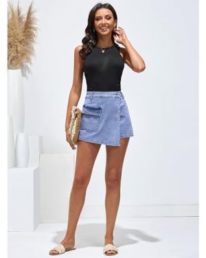 Denim Skorts for Woman Cargo Faux Wrap Jean Skort Skirts Stretchy High Waisted Skirt Shorts Country Concert Wear