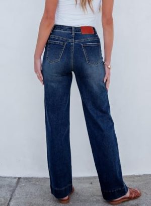 Women's Wide Leg Jeans High Waisted Stretchy Straight Leg Baggy Drawstring Zimbaplatinum Denim Pants