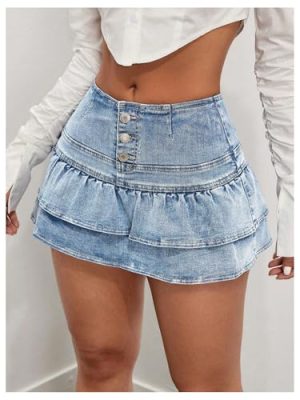 Women's Tiered Layer Ruffle Denim Skorts Y2k Button Front Mini Skirt Shorts