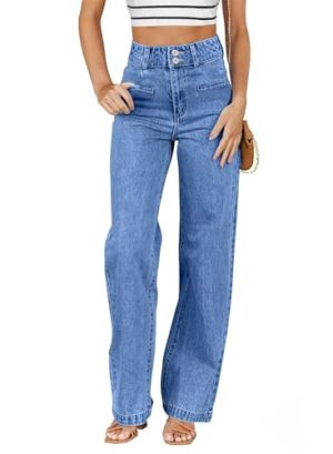 Women's Jeans High Waisted Straight Leg Stretchy Jeans Trendy Welt Pockets Loose Wide Leg Zimbaplatinum Denim Pants