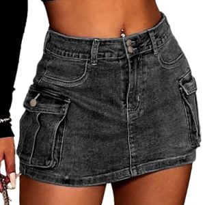 High Stretchy Denim Cargo Skort for Women, High Waist, Casual Mini Y2K Jean Skirt Shorts with Pockets