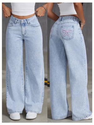 Women's Bowknot Embroidery Jeans Y2k Straight Leg Boyfriend Denim Pants
