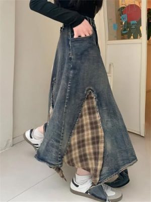 Women's Plaid Denim Skirt, Asymmetric Patchwork High Waist Skirt