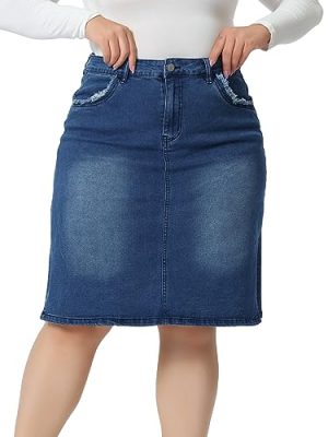 Plus Size Denim Skirts for Women Classic Stretch Elastic Waist Side Split A Line Jean Skirt
