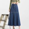 Denim Skirt Womens Blue Long Waisted Slim Large Pleated