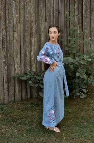 New Collection 2023 Ukrainian Vyshyvanka Dress Floral Bohemian Dress Embroidered Summer Boho Dress Long Linen Dress Blue Jeans