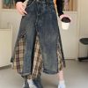 Women's Plaid Denim Skirt, Asymmetric Patchwork High Waist Skirt