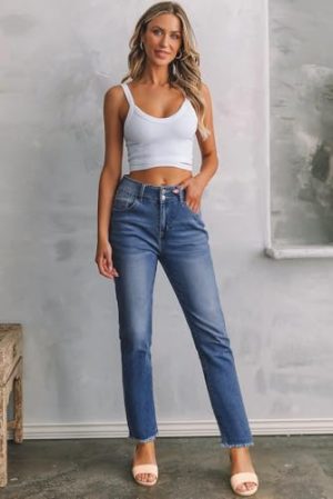 Women's High Waisted Jeans Strechy Fashion Raw Hem Straight Leg Ankle Denim Pants with Pockets