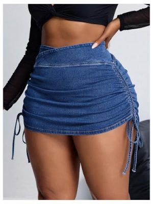 Women's Plus Size Cross Wrap Waist Denim Skirt Drawstring Side Mini Skirt