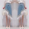 Heavy Industry Pearl Beading Lace Splicing Irregular Hem Jean Skirt Women Summer Korea Denim Skirt
