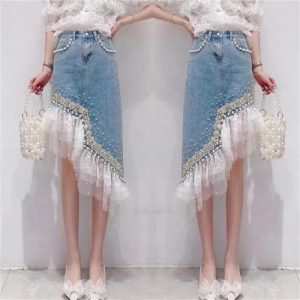 Heavy Industry Pearl Beading Lace Splicing Irregular Hem Jean Skirt Women Summer Korea Denim Skirt