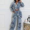 Women's Two Piece Denim Outfits Long Sleeve Cropped Jean Jacket Cargo Pants with Pockets Y2K Tracksuit Set