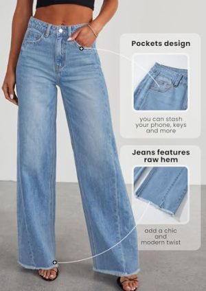 Wide Leg Jeans for Women Trendy 2025 High Waisted Stretchy Baggy Raw Hem Denim Palazzo Pants with Pockets