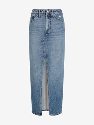 Women's High Waisted Medium Wash Front Slit Maxi Denim Skirt
