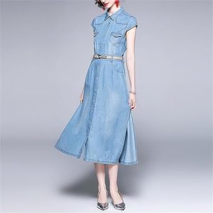 Collar Thin Denim Dress Women's Waist Thin Dress