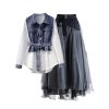 Women Spring Denim Shirt+ Skirt Two Elegant Long Sleeve Blouse Dress Set
