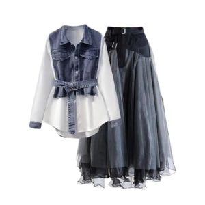 Women Spring Denim Shirt+ Skirt Two Elegant Long Sleeve Blouse Dress Set