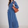 Womens Casual Button Down Denim Maxi Dress Lapel Long Sleeve Long Jean Dresses with Pockets