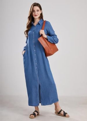 Womens Casual Button Down Denim Maxi Dress Lapel Long Sleeve Long Jean Dresses with Pockets