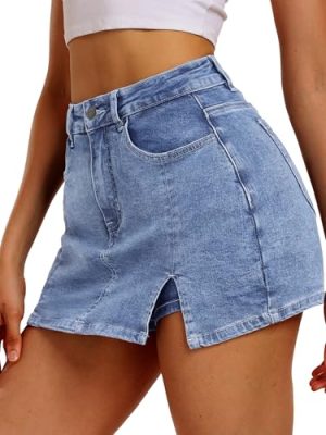 Women’s Side Slit Denim Skort, High-Stretch,High Waisted,Y2K Mini Jean Skirt Shorts with 5 Pockets