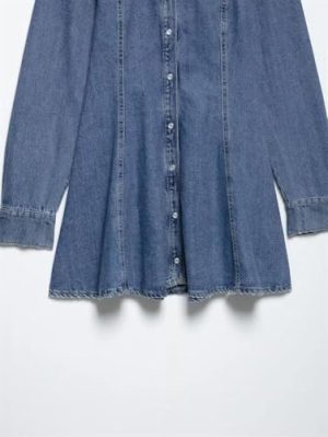 Blue Vintage Women Turn Down Collar Denim Dress Fashionable Single Breasted Long Sleeve Dress
