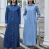 Flattering Belted A Line Summer Dress Casual Denim Midi Dress Ankle Length Long Sleeve Pullover Blouse Skirt(Blue,X-Small Tall)