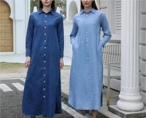 Flattering Belted A Line Summer Dress Casual Denim Midi Dress Ankle Length Long Sleeve Pullover Blouse Skirt(Blue,X-Small Tall)