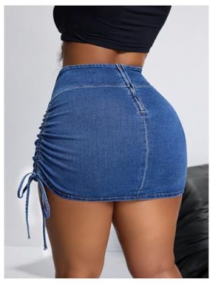 Women's Plus Size Cross Wrap Waist Denim Skirt Drawstring Side Mini Skirt